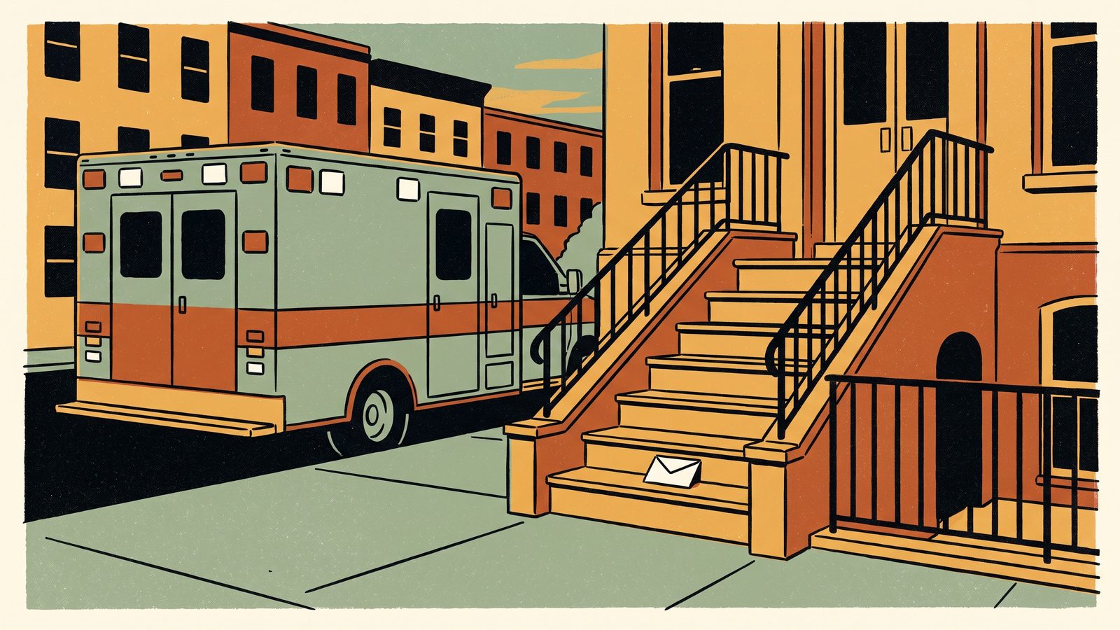 A New York street at dusk with an ambulance parked at the curb beside a brownstone stoop, and a single unopened white envelope resting on the steps