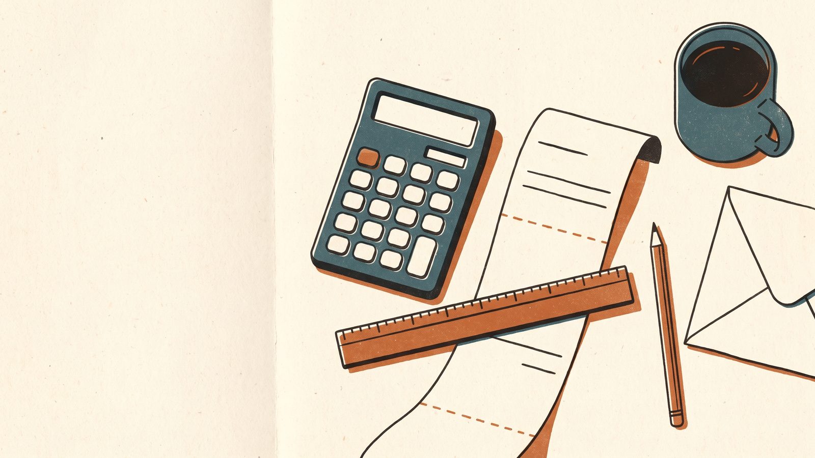 Overhead view of a desk with a calculator, a ruler laid across a long bill, a pencil and a dashed orange threshold line drawn across the paper