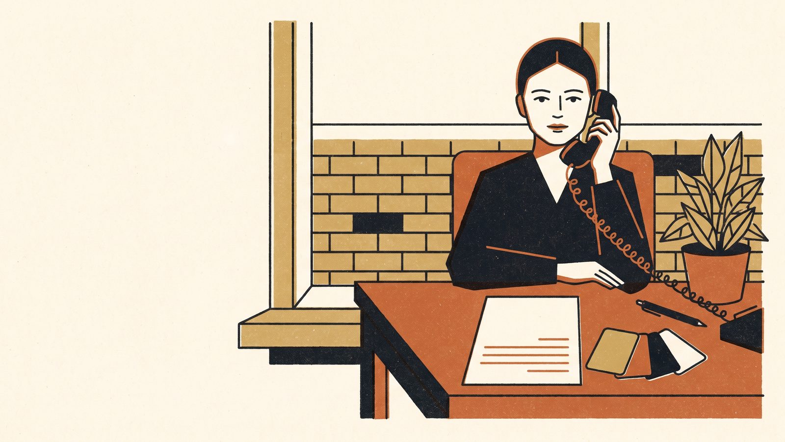 A woman on a corded telephone at a small desk with a handwritten list and four health plan cards in different colors fanned out in front of her