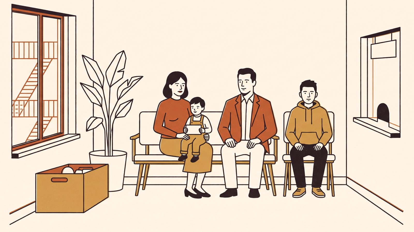 A pediatric clinic waiting room: a mother with a small child on her lap holding a blank card, a father and a teenager waiting nearby, a toy box and a plant