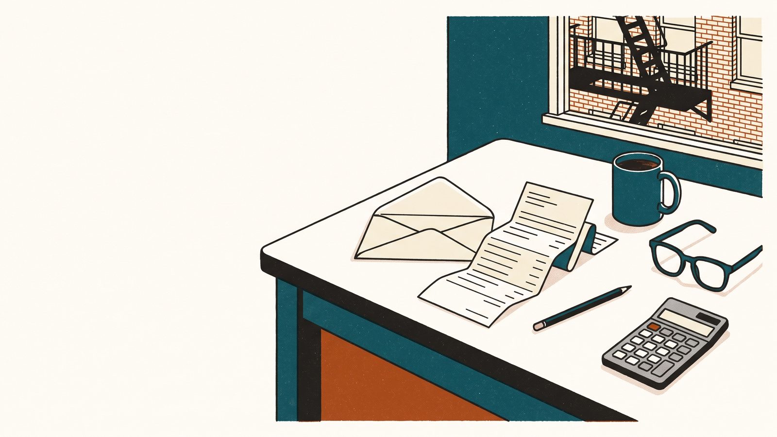 A kitchen table seen from above with an opened envelope, an unfolded paper bill, a mug of coffee, reading glasses and a calculator; a fire escape outside the window