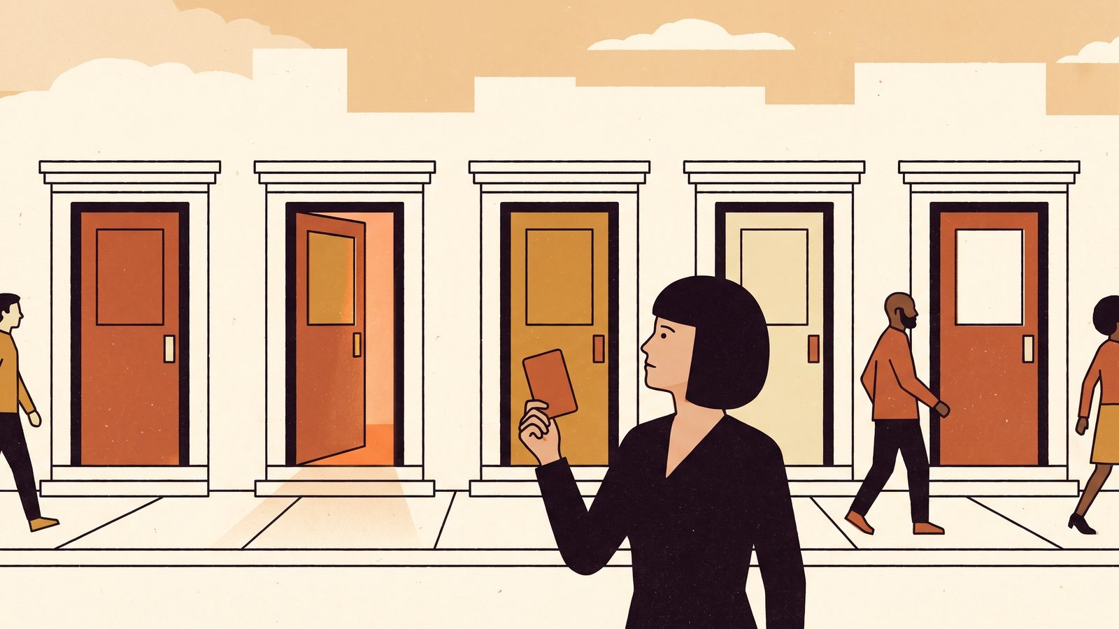 A row of five differently colored building entrances on a New York block; a woman holds a blank membership card, deciding which door is hers