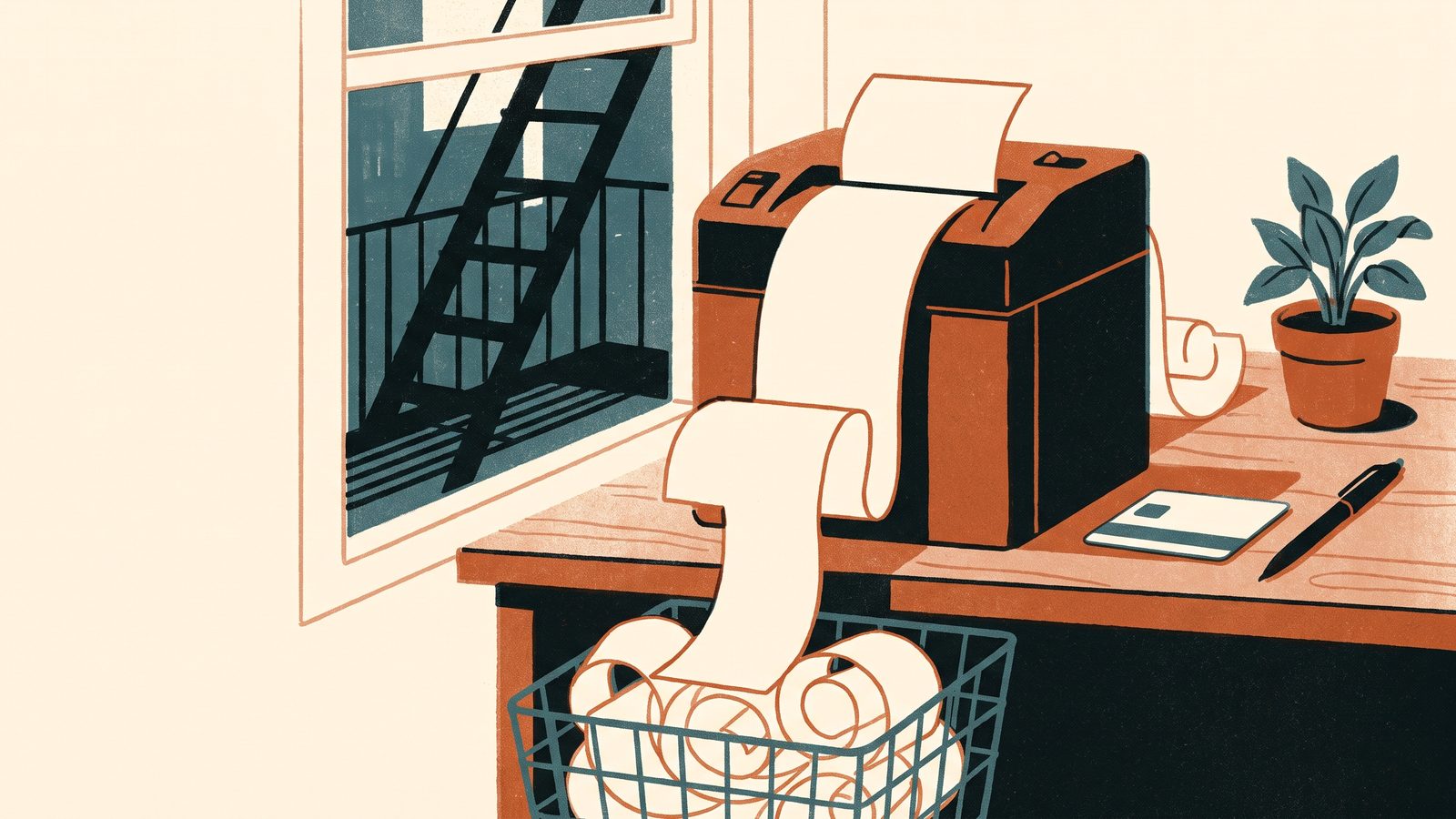 A long paper report feeding into a shredder on a desk, strips curling into a basket beside a blank plastic card
