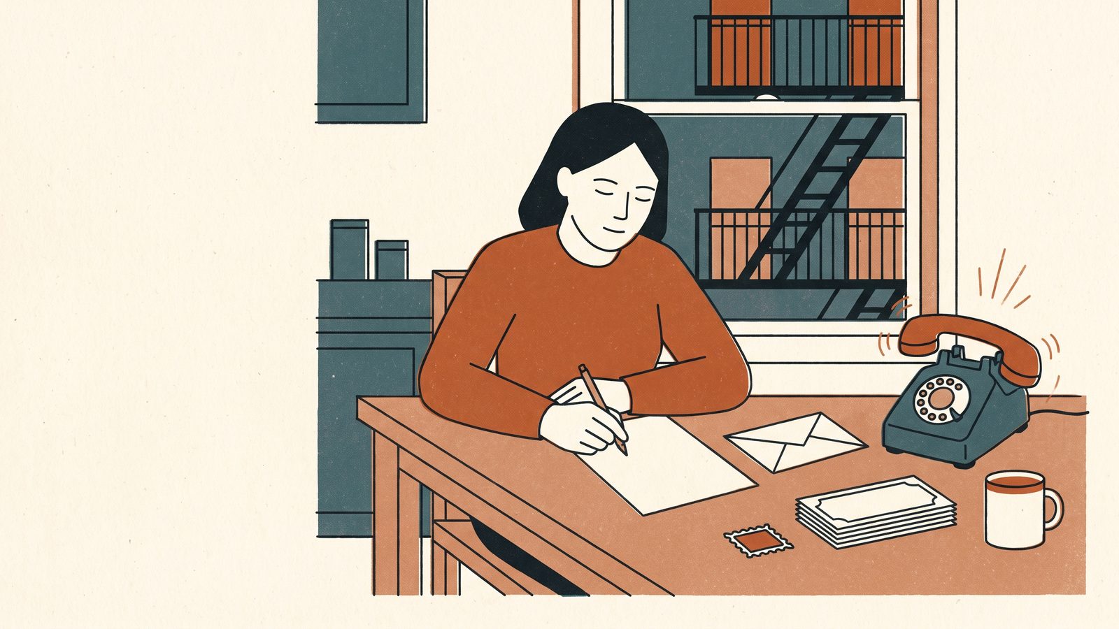 A woman writes a letter by hand at a kitchen table while a telephone rings unanswered beside a stack of bills