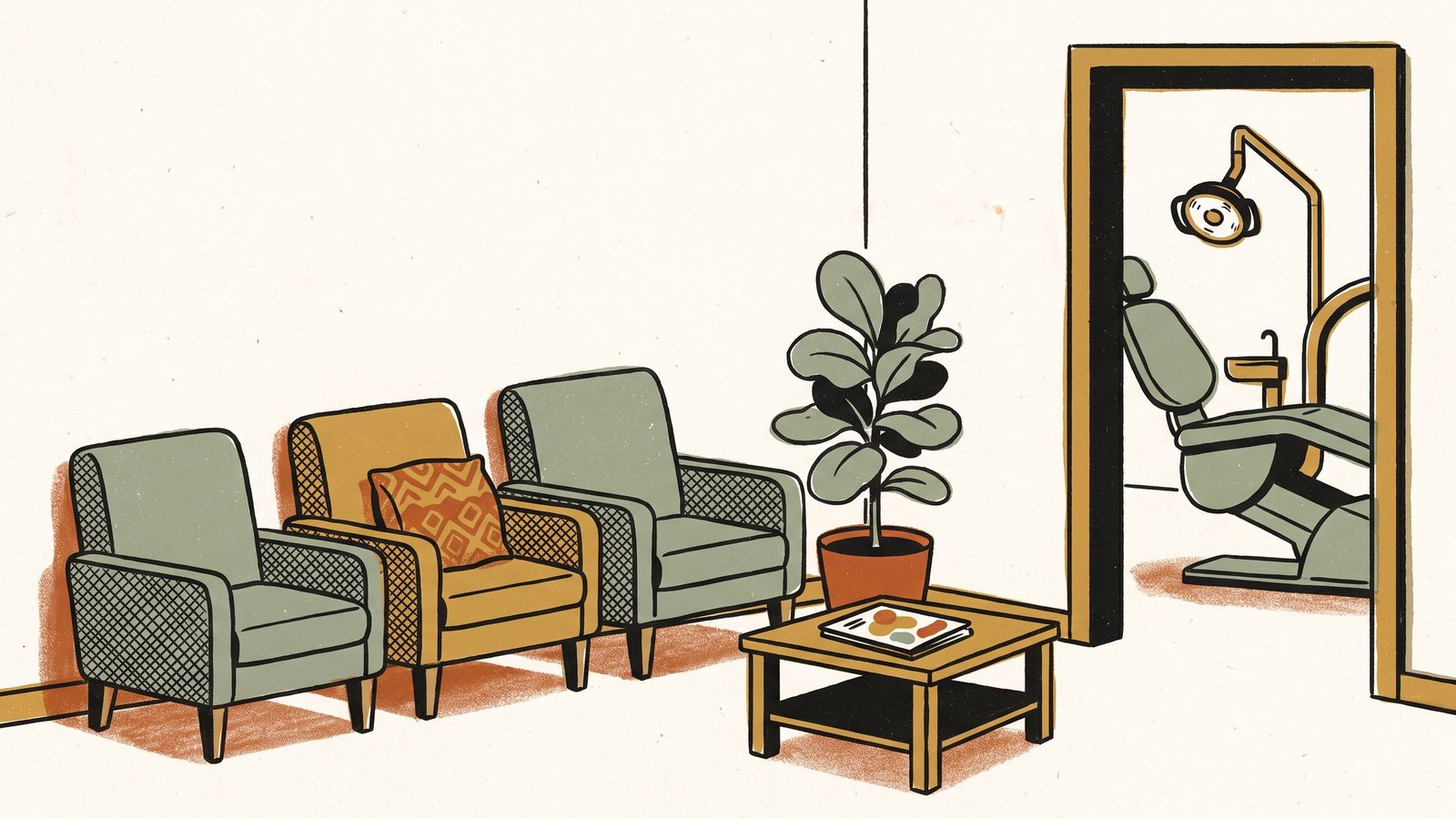 A small dental office waiting room with three chairs, a potted plant, and the corner of a dental chair visible through an open doorway