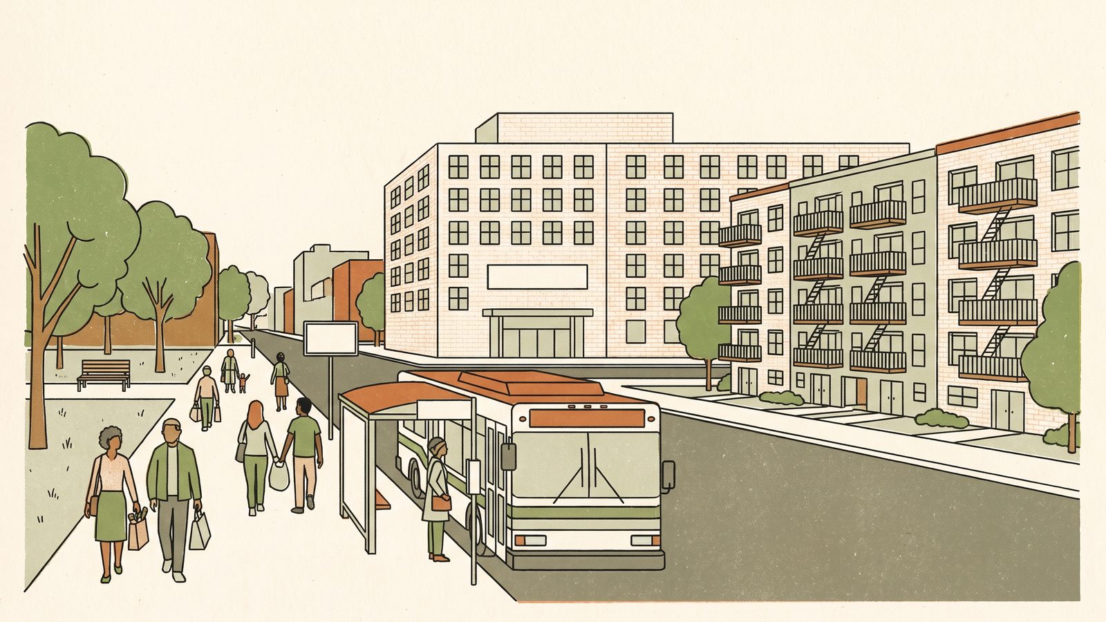 A large mid-century public hospital of pale brick beside six-story apartment buildings in Queens, with a bus stop, a small park and people walking home with grocery bags