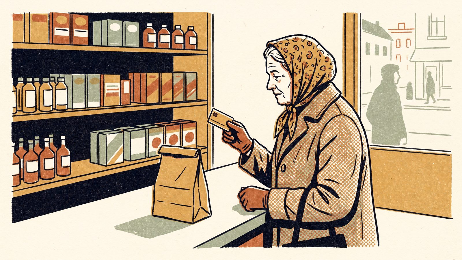 An older woman in a headscarf stands at a pharmacy counter holding a small benefit card, a paper prescription bag on the counter in front of her