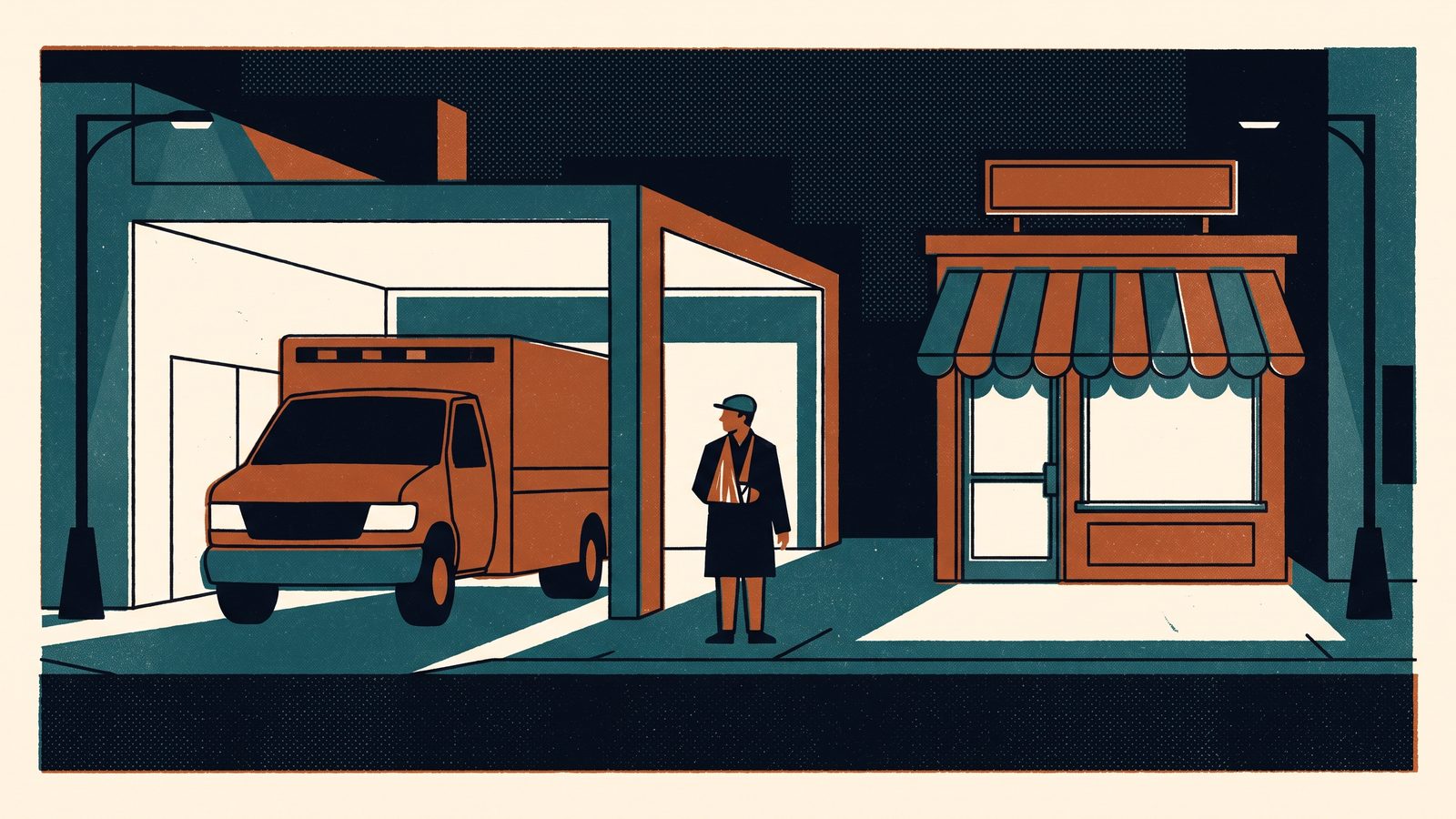 A night street with a bright hospital emergency entrance and ambulance bay on one side and a small lit urgent care storefront on the other; a person with a bandaged hand decides between them