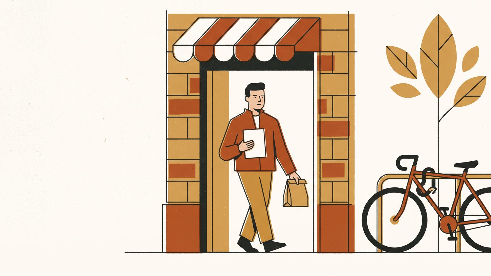 A young man leaves a neighborhood clinic on a sunny block holding a blank health card and a small pharmacy bag