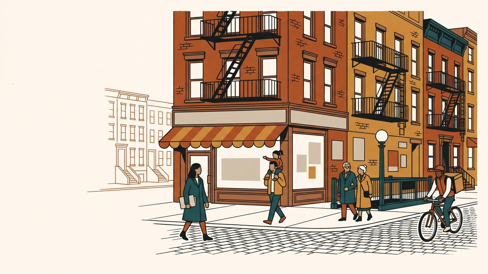 Una calle de Nueva York por la mañana: edificios de ladrillo con escaleras de incendio, una clínica de barrio con toldo y vecinos caminando con documentos