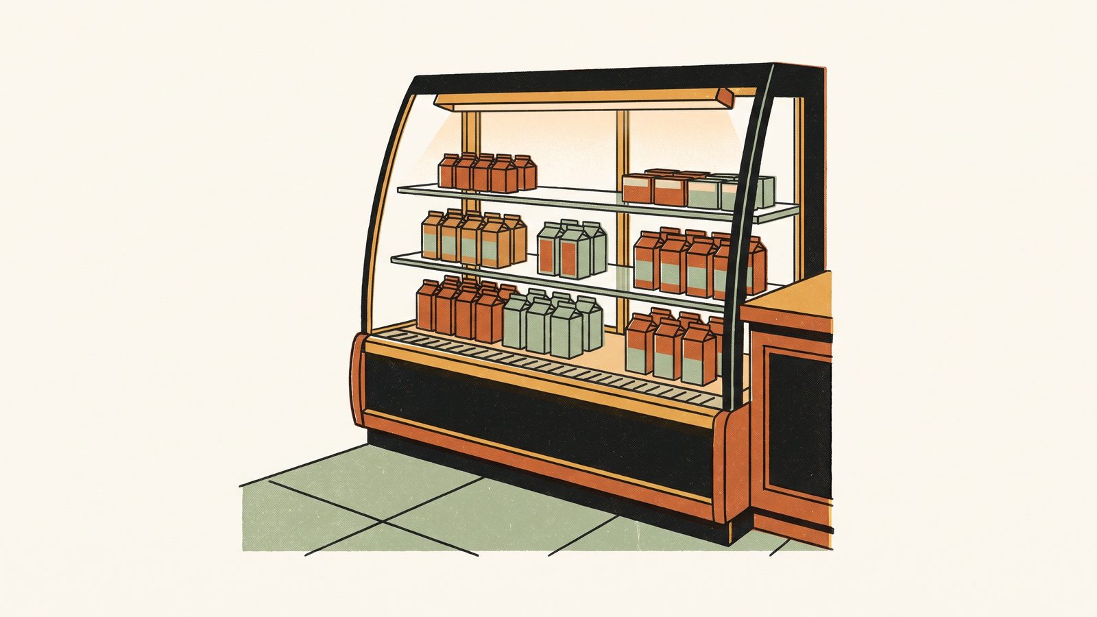 A pharmacy refrigerated display case with rows of small identical cartons on glass shelves and a counter in front of it