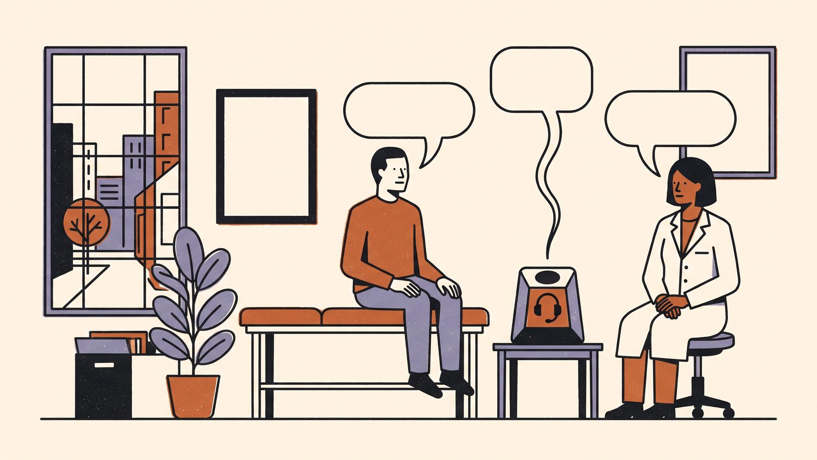 An exam room where a patient and a doctor sit on either side of a speakerphone with a headset symbol, with empty speech bubbles above them