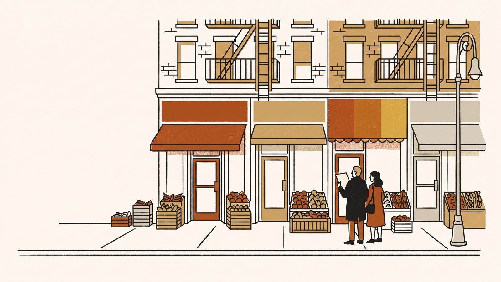 Four adjoining shopfronts with bronze, silver, gold and platinum bands above the doors; a couple on the sidewalk compares them with a list in hand