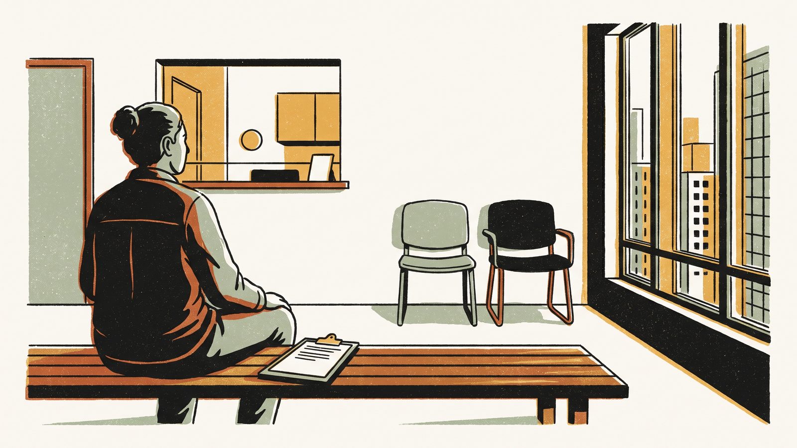 A person sits alone on a bench in a bright clinic waiting area with a clipboard on their lap, a reception window behind them and city light coming through a tall window