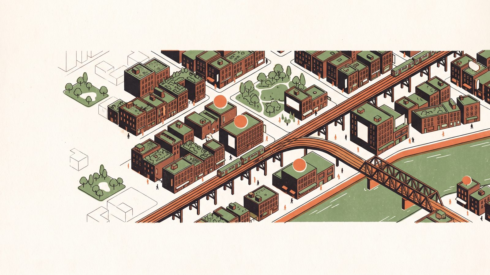 Isometric map of Queens and northern Manhattan blocks with an elevated subway line, a river with a bridge, small parks and clinics marked with orange dots