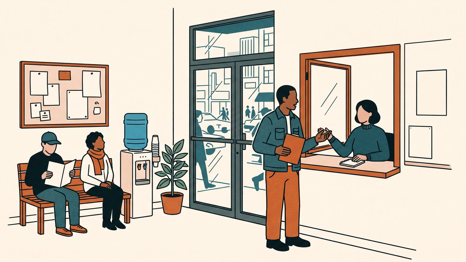 The front desk of a storefront community health center: a man in work clothes with a folder speaks to the receptionist while two people wait on a bench