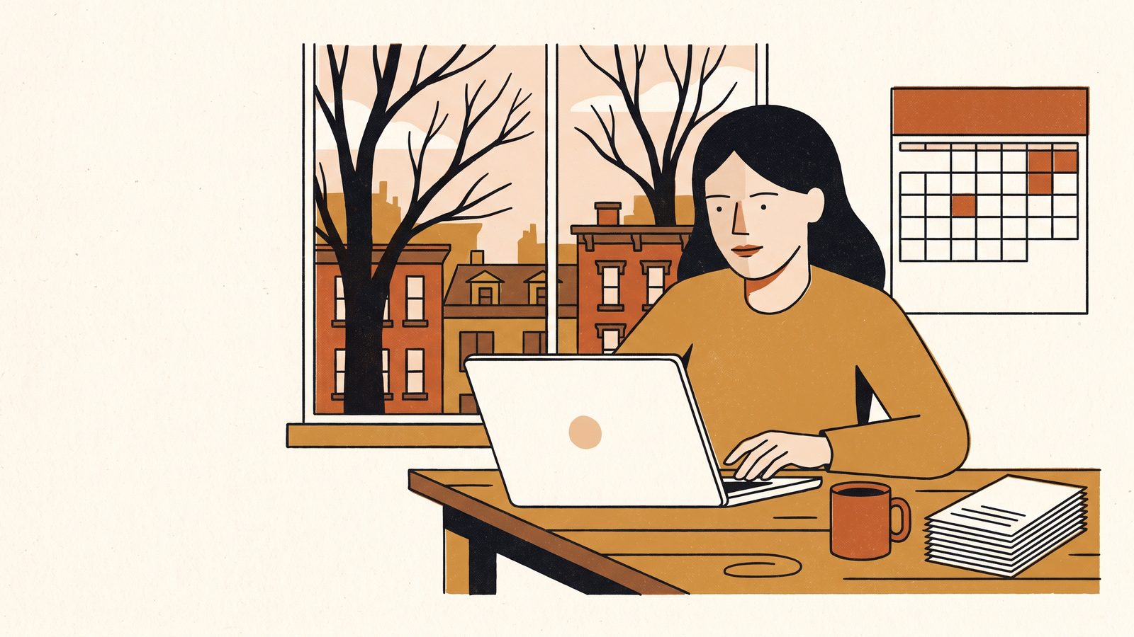 A woman at a kitchen table in autumn with a laptop open and a wall calendar beside her, a few days shaded in orange, bare trees and brownstone rooftops outside the window