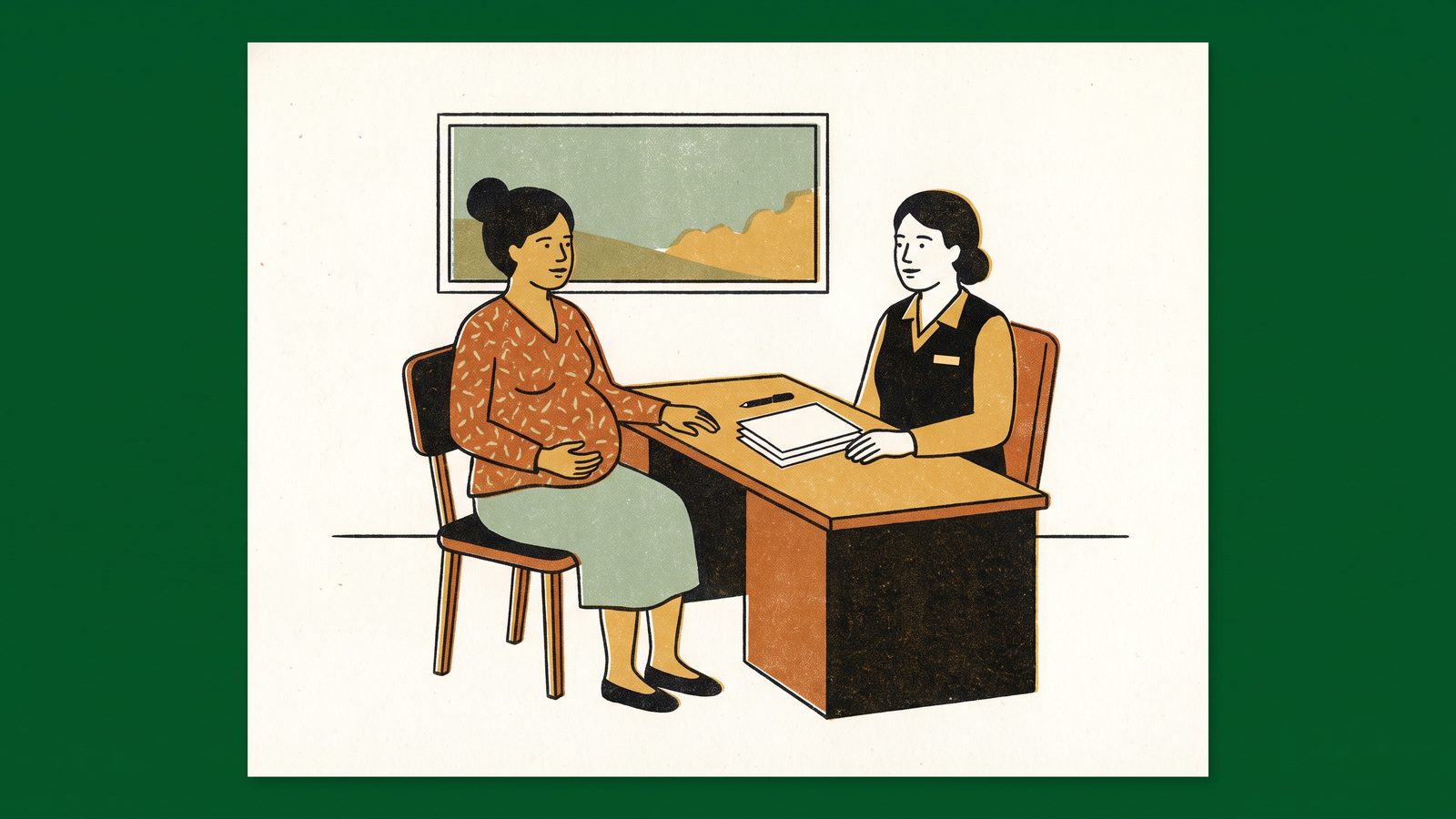 A pregnant woman sits at a clinic intake desk across from a staff member, with a small stack of forms and a pen on the desk between them