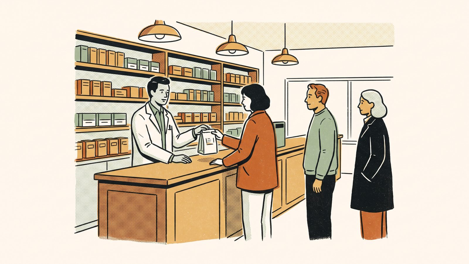 A neighborhood pharmacy counter seen from the customer side, a pharmacist handing a white paper bag across, two people waiting and shelves of boxes behind