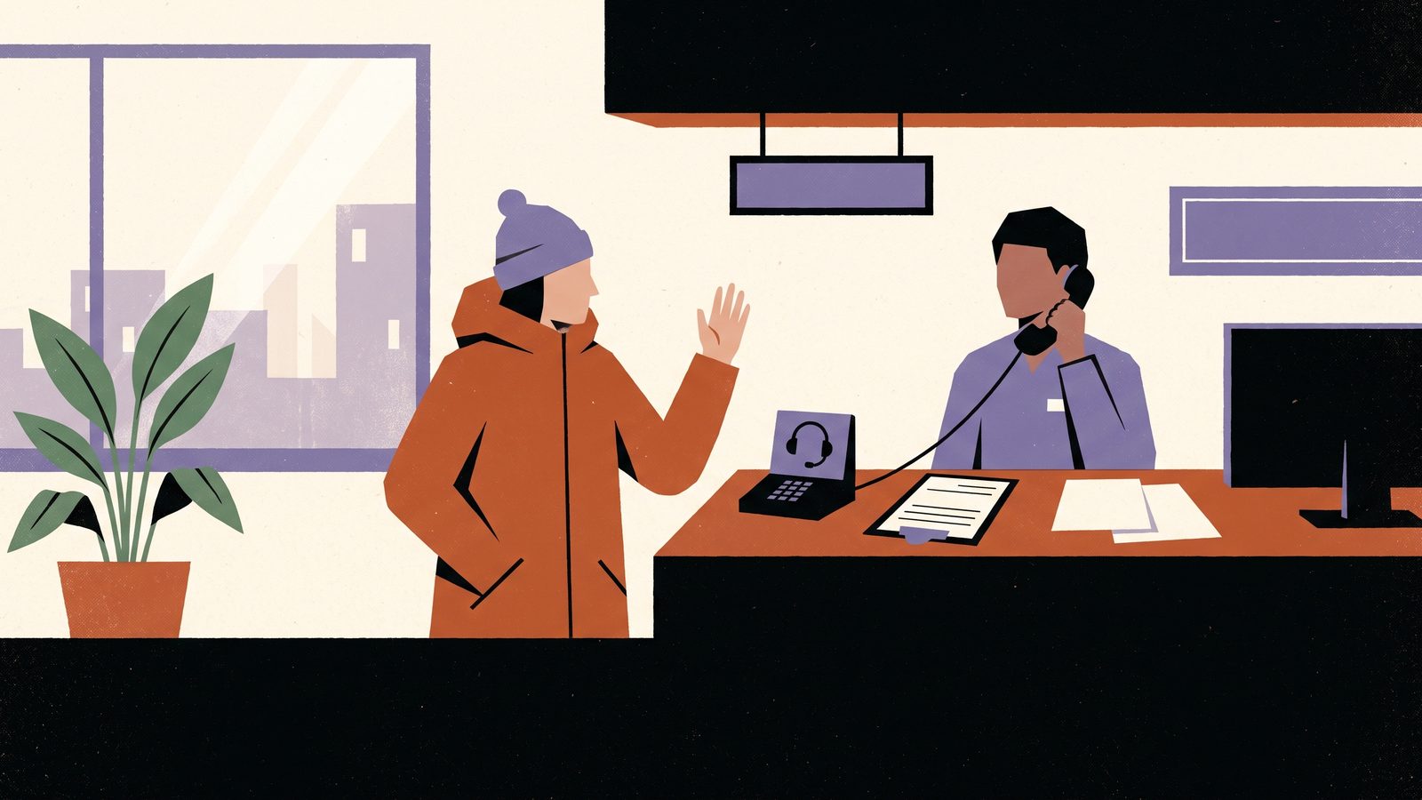 A patient in a winter coat raises a hand at a hospital registration counter while the clerk holds a telephone; a speakerphone with a headset symbol sits on the counter
