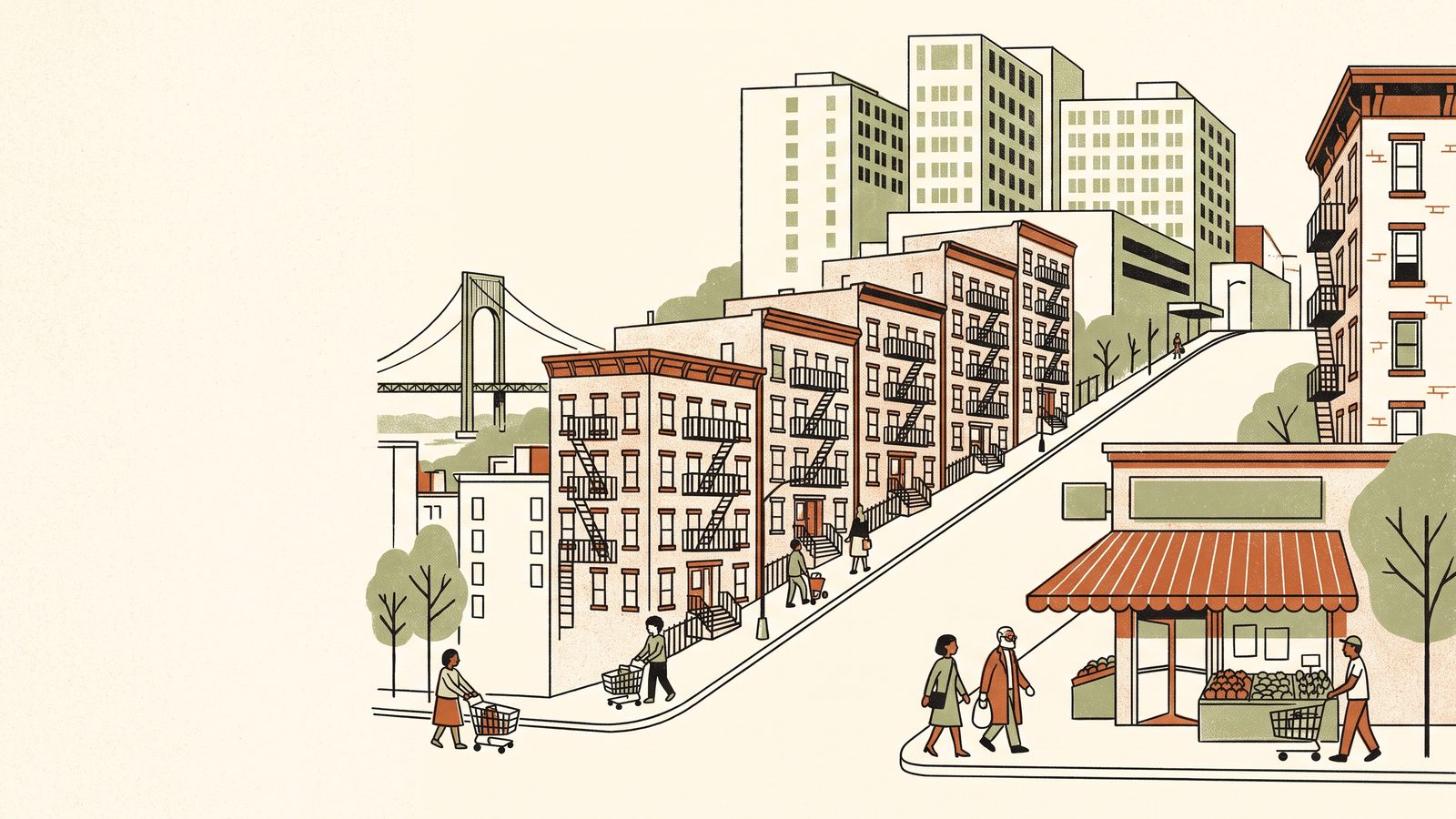 A hilly Washington Heights street with brick apartment buildings stepping down the slope, a large hospital complex on the crest, a corner grocery with a striped awning and a suspension bridge tower in the distance